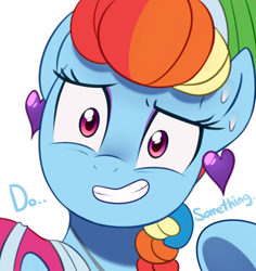 Size: 880x931 | Tagged: safe, artist:maren, character:rainbow dash, species:pony, episode:sparkle's seven, g4, my little pony: friendship is magic, adorable distress, alternate hairstyle, cute, ear piercing, earring, eyeliner, female, gritted teeth, jewelry, looking at you, makeup, mare, megaradash, piercing, rainbow dash always dresses in style, scene interpretation, simple background, solo, sweat, talking to viewer, white background