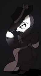 Size: 1572x2900 | Tagged: safe, artist:maren, character:rarity, species:pony, species:unicorn, g4, clothing, detective, detective rarity, female, mare, monochrome, noir, solo, trenchcoat
