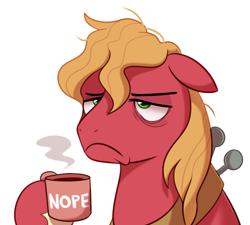 Size: 2500x2249 | Tagged: safe, artist:maren, character:big mcintosh, species:earth pony, species:pony, g4, bags under eyes, bust, coffee mug, cup, floppy ears, hoof hold, male, mug, nope, portrait, simple background, solo, stallion, tired, white background