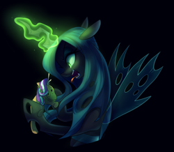 Size: 2818x2453 | Tagged: safe, artist:maren, character:queen chrysalis, character:starlight glimmer, species:changeling, episode:frenemies, g4, my little pony: friendship is magic, black background, changeling queen, crown, doll, female, forked tongue, glowing horn, hissing, horn, jewelry, magic, open mouth, profile, regalia, simple background, solo, tongue out, toy