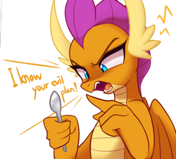 Size: 2454x2222 | Tagged: safe, artist:maren, character:smolder, species:dragon, g4, angry, dialogue, dragoness, female, open mouth, silly, silly dragon, simple background, solo, spoon, sweat, sweatdrop, white background, yelling