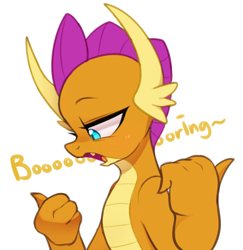Size: 2525x2597 | Tagged: safe, artist:maren, character:smolder, species:dragon, g4, boring, brat, bust, dialogue, dragoness, female, horns, lidded eyes, looking down, open mouth, profile, side view, simple background, smolder is not amused, snobby, solo, teenaged dragon, teenager, thumbs, thumbs down, unamused, unimpressed, white background