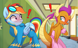 Size: 3072x1874 | Tagged: safe, artist:maren, character:rainbow dash, character:smolder, species:dragon, species:pegasus, species:pony, g4, blushing, butt, caught, clothing, commission, dragoness, duo, duo female, exclamation point, female, goggles, hallway, high res, mare, open mouth, plot, princess smolder, rainbutt dash, raised tail, school, school of friendship, smolder also dresses in style, smolderriere, sweat, tail, undressing, uniform, wardrobe malfunction, we don't normally wear clothes, wonderbolts uniform