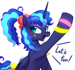 Size: 3751x3505 | Tagged: safe, artist:maren, character:princess luna, species:alicorn, species:pony, episode:between dark and dawn, g4, my little pony: friendship is magic, 80s, 80s princess luna, alternate hairstyle, dialogue, doodle, engrish, eyeliner, female, fun, grammar error, high res, makeup, mare, open mouth, ponytail, simple background, smiling, solo, white background