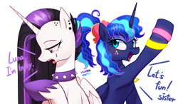 Size: 4346x2541 | Tagged: safe, artist:maren, character:princess celestia, character:princess luna, species:alicorn, species:pony, episode:between dark and dawn, g4, my little pony: friendship is magic, 80s princess luna, alternate hairstyle, collar, dialogue, duo, emo, female, goth, grammar error, punklestia, simple background, spiked collar, white background