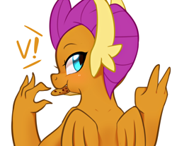 Size: 2900x2400 | Tagged: safe, artist:maren, character:smolder, species:dragon, g4, cookie, cute, dragoness, eating, facing away, female, food, looking back, peace sign, simple background, smolderbetes, solo, v, white background