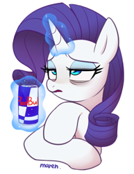 Size: 1641x2123 | Tagged: safe, artist:maren, character:rarity, species:pony, species:unicorn, g4, bags under eyes, bust, energy drink, female, glowing horn, horn, levitation, magic, magic aura, mare, red bull, simple background, solo, telekinesis, tired, white background