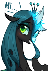 Size: 2306x3400 | Tagged: safe, artist:maren, character:ocellus, character:queen chrysalis, species:changeling, species:reformed changeling, episode:what lies beneath, g4, my little pony: friendship is magic, blushing, bust, changeling queen, cute, cutealis, diaocelles, disguise, disguised changeling, female, hi, open mouth, portrait, simple background, solo, white background