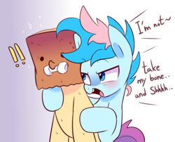 Size: 2400x1943 | Tagged: safe, artist:maren, artist:paperbagpony, edit, oc, oc:blue chewings, oc:paper bag, species:pony, g4, bone, collaboration, color edit, colored, dialogue, paper bag, sweat