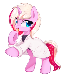 Size: 2289x2709 | Tagged: safe, artist:maren, oc, oc only, oc:honningbrew, species:pony, species:unicorn, g4, clothing, female, lab coat, mare, rearing, simple background, solo, white background