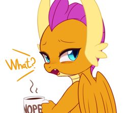 Size: 2700x2400 | Tagged: safe, artist:maren, character:smolder, species:dragon, g4, coffee, coffee mug, dialogue, dragoness, female, looking back, mug, nope, simple background, solo, white background