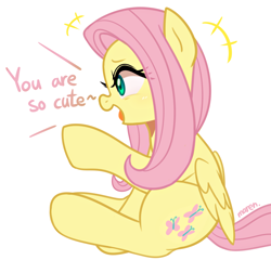 Size: 2700x2596 | Tagged: safe, artist:maren, character:fluttershy, species:pegasus, species:pony, g4, cute, dialogue, female, juxtaposition bait, no u, open mouth, profile, shyabetes, simple background, sitting, solo, white background