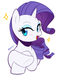 Size: 2028x2508 | Tagged: safe, artist:maren, character:rarity, species:pony, species:unicorn, g4, bust, crossed hooves, cute, female, lidded eyes, open mouth, portrait, raribetes, simple background, solo, sparkles, white background