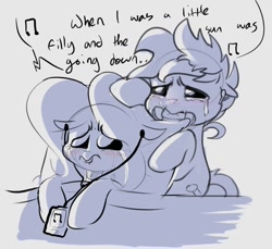 Size: 1144x1050 | Tagged: safe, artist:hattsy, artist:maren, oc, oc only, species:pony, g4, airpods, blanket, crying, earbuds, laughter song, male, mp3 player, music, pillow, simple background, song, white background