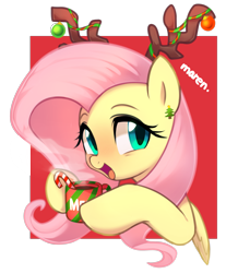 Size: 2565x2801 | Tagged: safe, artist:maren, character:fluttershy, species:pegasus, species:pony, g4, abstract background, antlers, blushing, bust, christmas, christmas ornament, cute, decoration, ear piercing, female, high res, holiday, hoof hold, mare, mug, open mouth, piercing, shyabetes, simple background, smiling, solo, sugar cane, transparent background