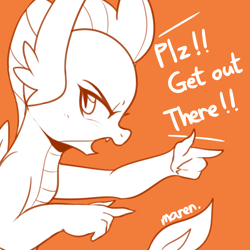 Size: 3600x3600 | Tagged: safe, artist:maren, character:smolder, species:dragon, g4, dialogue, encouragement, female, high res, looking at you, orange background, pointing, profile, simple background, solo