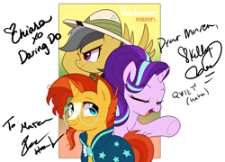 Size: 5000x3600 | Tagged: safe, artist:maren, character:daring do, character:starlight glimmer, character:sunburst, species:pegasus, species:pony, species:unicorn, g4, autograph, chiara zanni, eyes closed, female, high res, ian hanlin, kelly sheridan, male, mare, open mouth, signature, stallion, vanhoover, vanhoover pony expo 2020