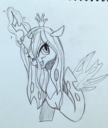 Size: 998x1180 | Tagged: safe, artist:maren, character:queen chrysalis, species:changeling, g4, magic, magic aura, monochrome, sketch, solo, traditional art
