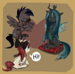 Size: 2350x2300 | Tagged: safe, artist:maren, character:queen chrysalis, oc, species:changeling, species:pegasus, species:pony, g4, bow, cushion, dialogue, heart, speech bubble, text