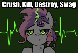 Size: 1000x681 | Tagged: safe, artist:maren, character:sweetie belle, species:pony, species:unicorn, .mov, sweetie bot, g4, blushing, caption, crush kill destroy swag, image macro, meme, pulse, r-dash 5000, robot, solo, text
