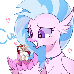 Size: 1024x1024 | Tagged: safe, artist:latecustomer, artist:maren, edit, character:silverstream, oc, oc:velvet skies, species:classical hippogriff, species:hippogriff, g4, adoraskies, cute, diastreamies, female, heart eyes, hippogriff oc, simple background, wingding eyes