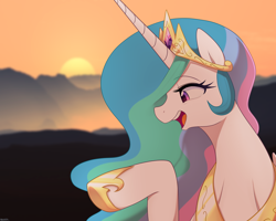 Size: 3000x2400 | Tagged: safe, artist:maren, character:princess celestia, species:alicorn, species:pony, g4, bust, female, high res, hoof shoes, jewelry, lidded eyes, mare, mountain, mountain range, open mouth, peytral, portrait, profile, raised hoof, regalia, smiling, solo, sun