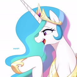 Size: 2043x2048 | Tagged: safe, alternate version, artist:maren, character:princess celestia, species:alicorn, species:pony, g4, bust, female, high res, hoof shoes, jewelry, lidded eyes, mare, open mouth, peytral, portrait, profile, raised hoof, regalia, simple background, smiling, solo, white background