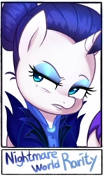 Size: 683x1147 | Tagged: safe, artist:maren, character:rarity, species:pony, species:unicorn, g4, alternate timeline, bust, clothing, eyeshadow, makeup, night maid rarity, nightmare takeover timeline, solo, text