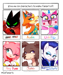 Size: 2400x2867 | Tagged: safe, artist:maren, character:rarity, species:pony, species:unicorn, episode:the cutie re-mark, g4, my little pony: friendship is magic, alternate timeline, amy rose, animal crossing, audie, beastars, crossover, female, juno, mao mao, mao mao: heroes of pure heart, mare, night maid rarity, nightmare takeover timeline, six fanarts, sonic the hedgehog (series), unikitty, unikitty! (tv series)