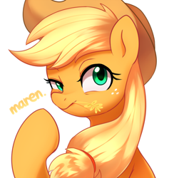 Size: 2800x2955 | Tagged: safe, artist:maren, character:applejack, species:earth pony, species:pony, g4, clothing, food, hat, looking at you, simple background, smiling, solo, we can do it!, wheat, white background