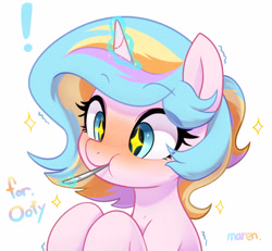 Size: 3688x3401 | Tagged: safe, artist:maren, oc, oc only, oc:oofy colorful, species:pony, species:unicorn, g4, blushing, eating, female, magic, mare, simple background, solo, sparkles, spoon, starry eyes, telekinesis, white background, wingding eyes