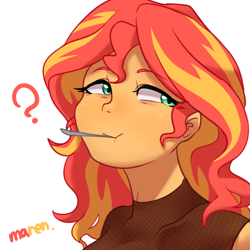Size: 2800x2800 | Tagged: safe, artist:maren, character:sunset shimmer, species:eqg human, g4, my little pony:equestria girls, bust, cute, female, high res, mouth hold, portrait, question mark, shimmerbetes, simple background, solo, white background
