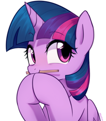 Size: 2100x2400 | Tagged: safe, artist:maren, character:twilight sparkle, character:twilight sparkle (alicorn), species:alicorn, species:pony, g4, bust, chopsticks, cute, female, high res, hooves together, mare, mouth hold, simple background, smiling, solo, twiabetes, white background