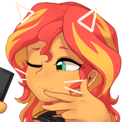 Size: 800x800 | Tagged: safe, artist:maren, character:sunset shimmer, species:eqg human, g4, my little pony:equestria girls, bust, cat ears, cute, female, nyanset shimmer, one eye closed, peace sign, phone, portrait, selfie, shimmerbetes, simple background, solo, whiskers, white background, wink