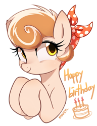 Size: 2155x2800 | Tagged: safe, artist:maren, oc, oc:cinnamon spangled, species:earth pony, species:pony, g4, bandana, birthday, bust, cute, female, mare, simple background, solo, white background