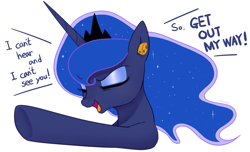 Size: 2009x1221 | Tagged: safe, artist:maren, character:princess luna, species:alicorn, species:pony, g4, cork, crown, dialogue, ear plugs, eyes closed, jewelry, regalia, simple background, solo, white background