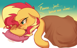 Size: 3891x2450 | Tagged: safe, artist:maren, character:sunset shimmer, species:pony, species:unicorn, g4, blanket, crying, dialogue, female, gradient background, high res, mare, pillow, sad, solo, sunsad shimmer