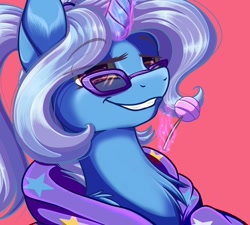 Size: 900x810 | Tagged: safe, artist:banoodle, character:trixie, species:pony, species:unicorn, g4, alternate hairstyle, babysitter trixie, candy, clothing, food, glasses, hoodie, lollipop, magic, solo