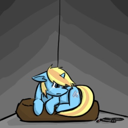 Size: 300x300 | Tagged: safe, artist:skydreams, oc, oc only, oc:skydreams, species:pony, species:unicorn, g4, collar, corner, crying, curled up, cushion, female, femsub, mare, pet, pet tag, pony pet, sad, submissive, vent art