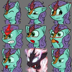 Size: 600x600 | Tagged: safe, artist:skydreams, oc, oc only, oc:searing cold, species:kirin, g4, angry, blep, blushing, blushing ears, commission, crying, embarrassed, emoji, emote, emotes, glowing horn, happy, horn, kirin oc, male, nirik, nirik oc, sad, shocked, shocked expression, smiling, smirk, stallion, surprised, surprised face, tongue out
