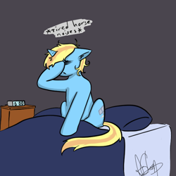Size: 600x600 | Tagged: safe, artist:skydreams, oc, oc only, oc:skydreams, species:pony, species:unicorn, g4, bed, bed mane, bedroom, descriptive noise, female, horse noises, mare, sleepy