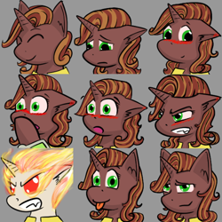 Size: 600x600 | Tagged: safe, artist:skydreams, oc, oc only, oc:molasses candy, species:pony, species:unicorn, fallout equestria, g4, angry, blep, blushing, blushing ears, commission, embarrassed, emoji, emotes, fallout equestria: scoundrels, female, mare, on fire, sad, smiling, smirk, surprised, tongue out