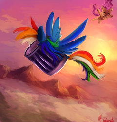 Size: 1400x1460 | Tagged: safe, artist:miokomata, character:fluttershy, character:rainbow dash, g4, cat, catified, cloud, duo, eyes closed, falling, fluttercat, flying, literal, pun, rainbow trash, smiling, species swap, spread wings, transformation, trash can, visual gag, wings