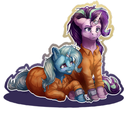Size: 2573x2330 | Tagged: safe, artist:gaelledragons, character:starlight glimmer, character:trixie, g4, chained together, cuffs, prison outfit, prisoner