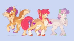Size: 2400x1350 | Tagged: safe, artist:elias, character:apple bloom, character:scootaloo, character:sweetie belle, species:earth pony, species:pegasus, species:pony, species:unicorn, g4, cute, fluffy, smiling, tail wrap, the cmc's cutie marks
