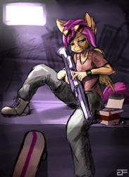 Size: 2094x2863 | Tagged: safe, artist:greenfireartist, character:scootaloo, species:anthro, species:pegasus, species:pony, g4, female, gun, shotgun, skateboard, solo, sunglasses, weapon