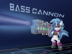 Size: 1600x1200 | Tagged: safe, artist:sound-resonance, character:dj pon-3, character:vinyl scratch, species:pony, species:unicorn, g4, bass cannon, bipedal, boots, clothing, goggles, gun, solo