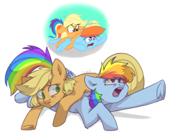 Size: 2500x1920 | Tagged: safe, artist:chiba_deer, character:applejack, character:rainbow dash, species:earth pony, species:pegasus, species:pony, g4, prone