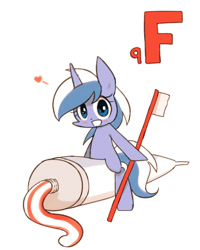 Size: 800x1000 | Tagged: safe, artist:joycall6, part of a set, character:minuette, species:pony, species:unicorn, series:joycall6's periodic table, g4, blushing, chemistry, fluorine, heart, periodic table, riding, solo, toothbrush, toothpaste
