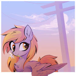 Size: 1499x1499 | Tagged: safe, artist:aureai, manebooru spotlight, character:derpy hooves, species:pegasus, species:pony, g4, bust, chest fluff, ear fluff, female, flower, flower in mouth, happy, looking back, mare, mouth hold, power line, scenery, signature, smiling, solo, spread wings, sunset, wing fluff, wings